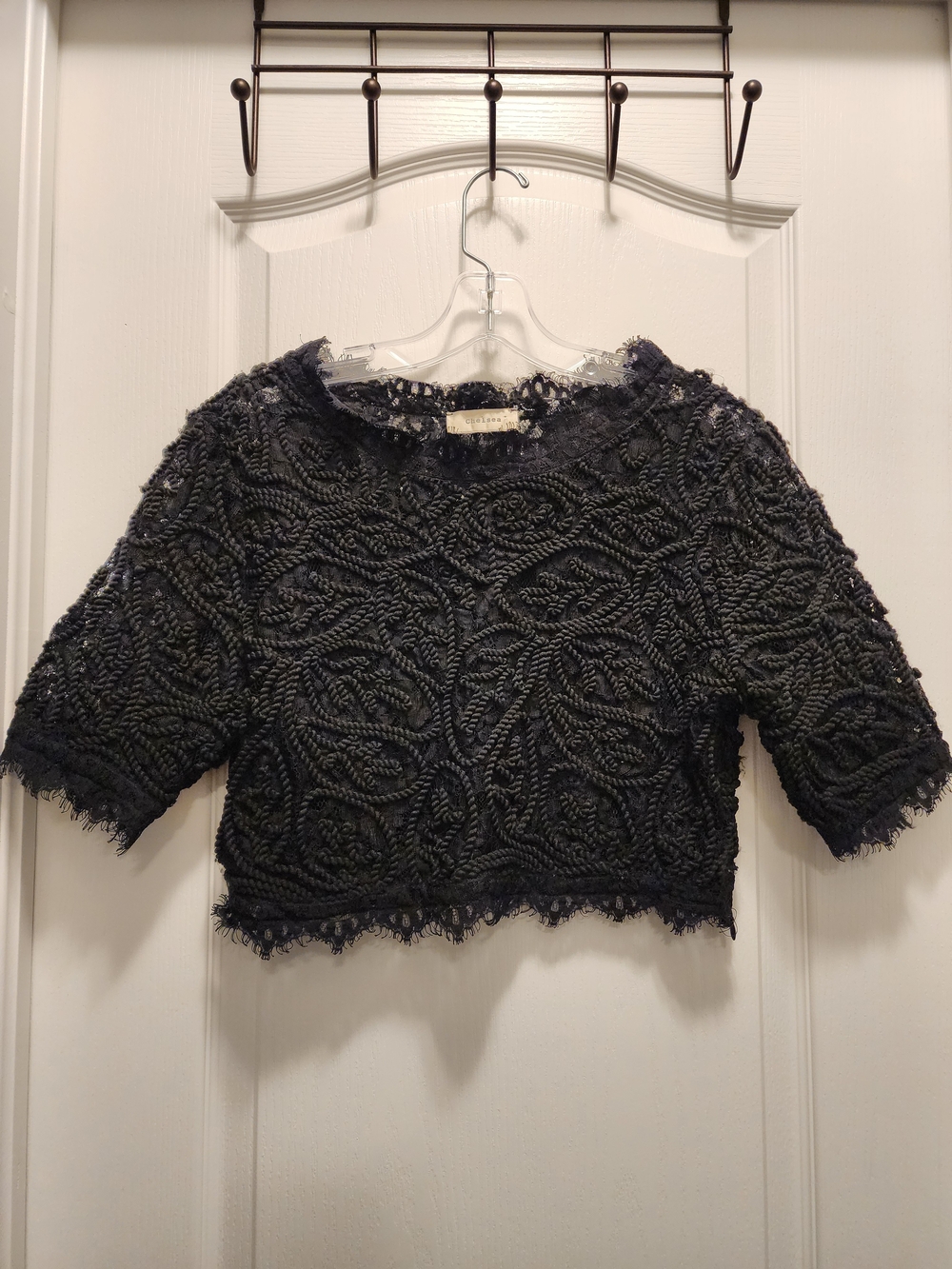 Textured Short Sleeve Crochet Top - Black